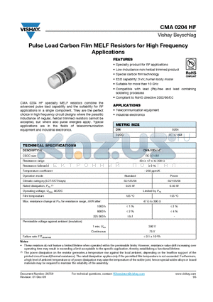 CMA0204HF datasheet - Pulse Load Carbon Film MELF Resistors for High Frequency Applications