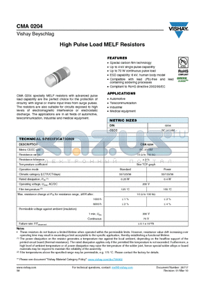 CMA0204_10 datasheet - High Pulse Load MELF Resistors