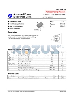 AP1333GU datasheet - P-CHANNEL ENHANCEMENT MODE POWER MOSFET