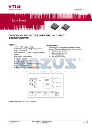 CMA3000-A01 datasheet - 3-AXIS LOW POWER ANALOG OUTPUT ACCELEROMETER