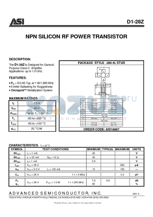 D1-28Z datasheet - NPN SILICON RF POWER TRANSISTOR