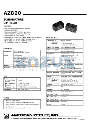 AZ820-2C-12DE datasheet - SUBMINIATURE DIP RELAY