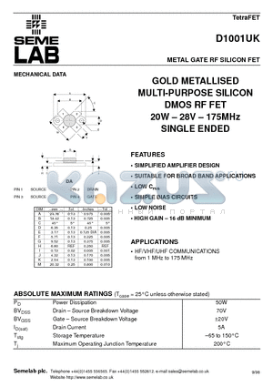 D1001UK datasheet - GOLD METALLISED MULTI-PURPOSE SILICON DMOS RF FET 20W - 28V - 175MHz SINGLE ENDED