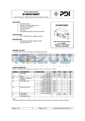 D10040180GT datasheet - GaAs Power Doubler, 40 - 1000MHz, 19.0dB min. Gain @ 1GHz, 375mA max. @ 24VDC