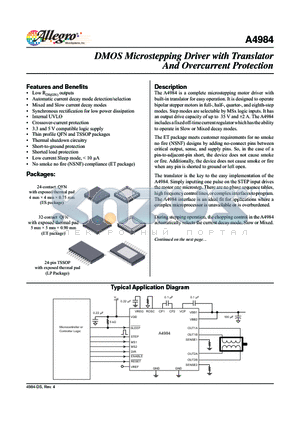 A4984 datasheet - DMOS Microstepping Driver with Translator And Overcurrent Protection