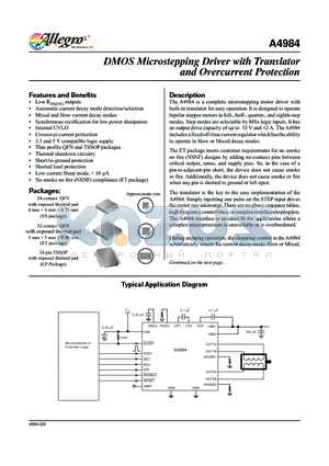 A4984SLPTR-T datasheet - DMOS Microstepping Driver with Translator and Overcurrent Protection