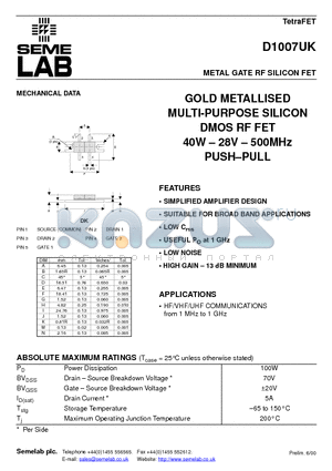 D1007UK datasheet - METAL GATE RF SILICON FET
