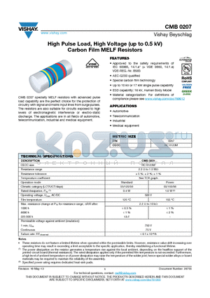 CMB02070X2700GB200 datasheet - High Pulse Load, High Voltage (up to 0.5 kV) Carbon Film MELF Resistors