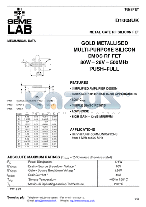 D1008UK datasheet - METAL GATE RF SILICON FET