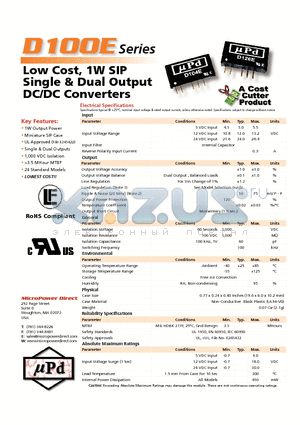 D100E datasheet - Low Cost, 1W SIP Single & Dual Output DC/DC Converters