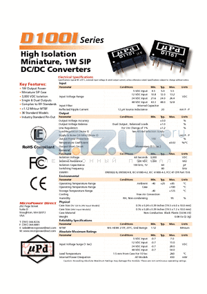 D100I datasheet - High Isolation Miniature, 1W SIP DC/DC Converters