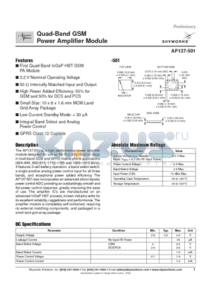 AP137-501 datasheet - Quad-Band GSM Power Amplifier Module