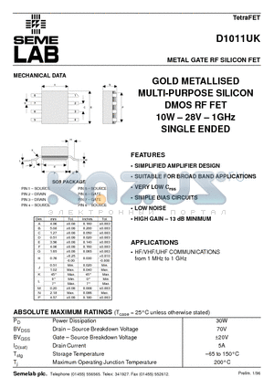 D1011 datasheet - METAL GATE RF SILICON FET