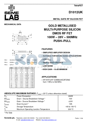 D1012UK datasheet - METAL GATE RF SILICON FET