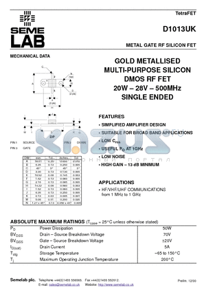 D1013UK datasheet - METAL GATE RF SILICON FET