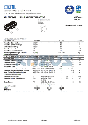 CMBA847E datasheet - NPN EPITAXIAL PLANAR SILICON TRANSISTOR