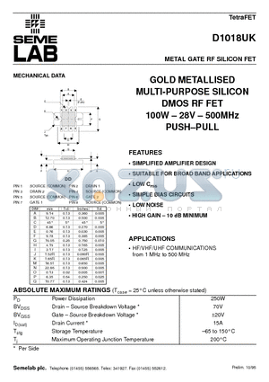 D1018UK datasheet - METAL GATE RF SILICON FET