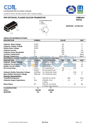 CMBA857 datasheet - PNP EPITAXIAL PLANAR SILICON TRANSISTOR
