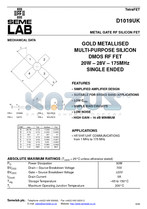 D1019UK datasheet - METAL GATE RF SILICON FET