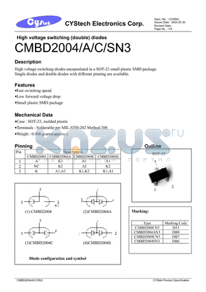 CMBD2004AN3 datasheet - High voltage switching (double) diodes