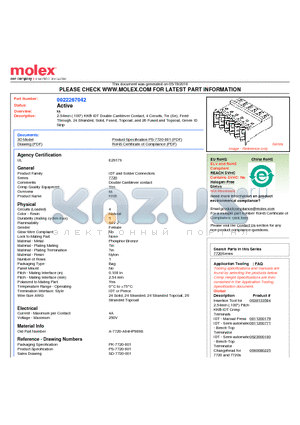 22-26-7042 datasheet - 2.54mm (.100) KK^ IDT Double Cantilever Contact, 4 Circuits, Tin (Sn), Feed-Through, 24 Stranded, Solid, Fused, Topcoat, and 26 Fused and Topcoat, Green ID Strip