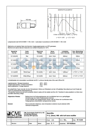 1511A25XXX datasheet - StarLEDs T11/2(5mm) WB with half wave rectifier