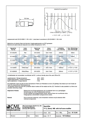1511A35B3 datasheet - StarLEDs T11/2(5mm) WB with half wave rectifier