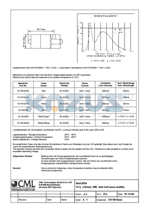 1511B15B3 datasheet - StarLEDs T31/4(10mm) WB with half wave rectifier