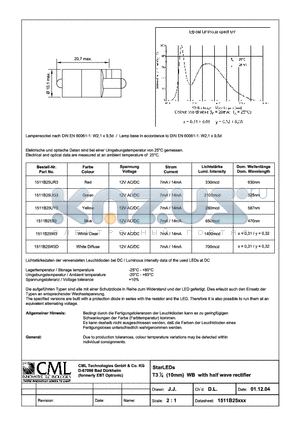 1511B25W3 datasheet - StarLEDs T11/2(5mm) WB with half wave rectifier