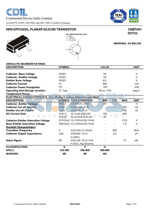 CMBT847E datasheet - NPN EPITAXIAL PLANAR SILICON TRANSISTOR