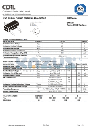 CMBT8550C datasheet - PNP SILICON PLANAR EPITAXIAL TRANSISTOR