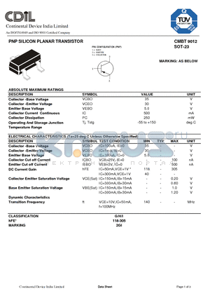 CMBT9012 datasheet - PNP SILICON PLANAR TRANSISTOR
