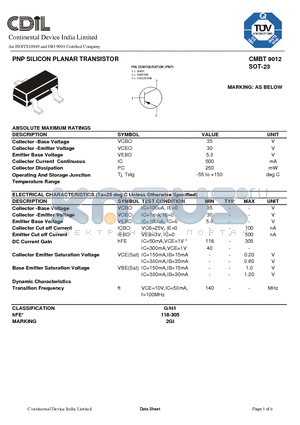 CMBT9012H datasheet - PNP SILICON PLANAR TRANSISTOR