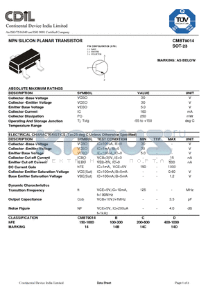 CMBT9014 datasheet - NPN SILICON PLANAR TRANSISTOR