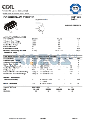 CMBT9015 datasheet - PNP SILICON PLANAR TRANSISTOR