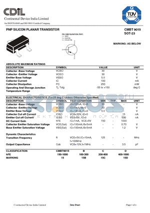 CMBT9015B datasheet - PNP SILICON PLANAR TRANSISTOR