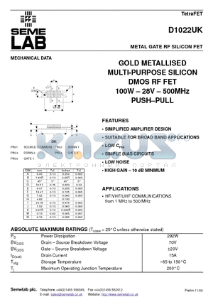 D1022 datasheet - METAL GATE RF SILICON FET