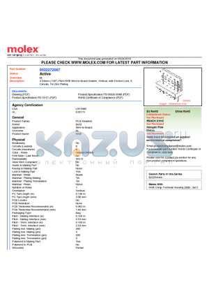 22-27-2087 datasheet - 2.54mm (.100) Pitch KK^ Wire-to-Board Header, Vertical, with Friction Lock, 8 Circuits, Tin (Sn) Plating