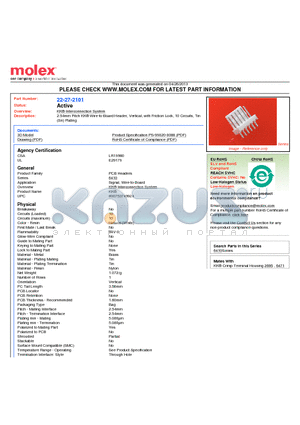 22-27-2101 datasheet - 2.54mm Pitch KK^ Wire-to-Board Header, Vertical, with Friction Lock, 10 Circuits, Tin (Sn) Plating