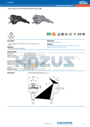 422U datasheet - Power Supply Cord with Shako Power (Mains) Plug, Angled