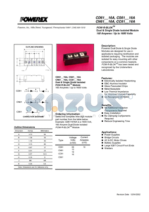 CD610816A datasheet - POW-R-BLOK Dual & Single Diode Isolated Module 160 Amperes / Up to 1600 Volts