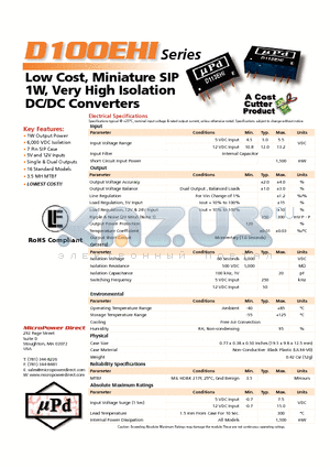 D102EHI datasheet - Low Cost, Miniature SIP 1W, Very High Isolation DC/DC Converters