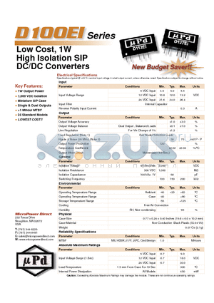 D102EI datasheet - Low Cost, 1W High Isolation SIP DC/DC Converters