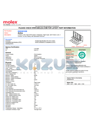 22-28-1036 datasheet - 2.54mm (.100) Pitch KK^ Header, Breakaway, Right Angle, with Friction Lock, 3 Circuits, Tin (Sn) Plating, with Backwalls Removed