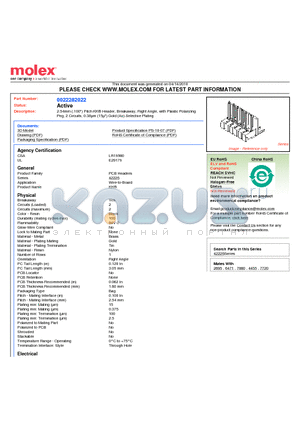 22-28-2022 datasheet - 2.54mm (.100) Pitch KK^ Header, Breakaway, Right Angle, with Plastic Polarizing Peg, 2 Circuits, 0.38lm (15l) Gold (Au) Selective Plating