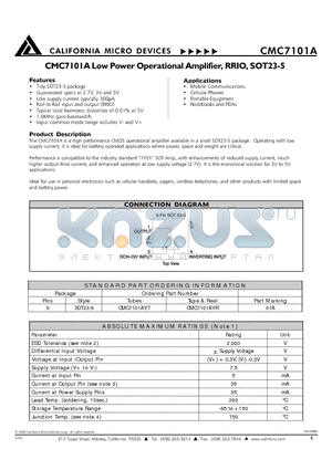 CMC7101AY datasheet - CMC7101A Low Power Operational Amplifier, RRIO, SOT23-5