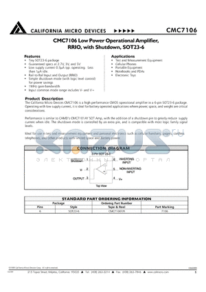 CMC7106 datasheet - CMC7106 Low Power Operational Amplifier, RRIO, with Shutdown, SOT23-6