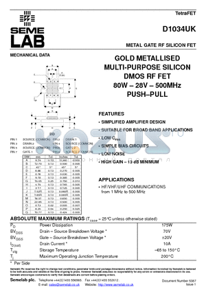 D1034UK datasheet - METAL GATE RF SILICON FET(GOLD METALLISED MULTI-PURPOSE SILICON DMOS RF FET 80W - 28V - 500MHz PUSH-PULL)
