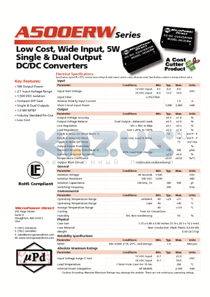 A503ERW datasheet - Low Cost, Wide Input, 5W Single & Dual Output DC/DC Converters