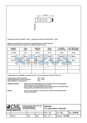 15141350 datasheet - MultiLEDs T11/2 (5mm) BA5s 6-Chip-LED